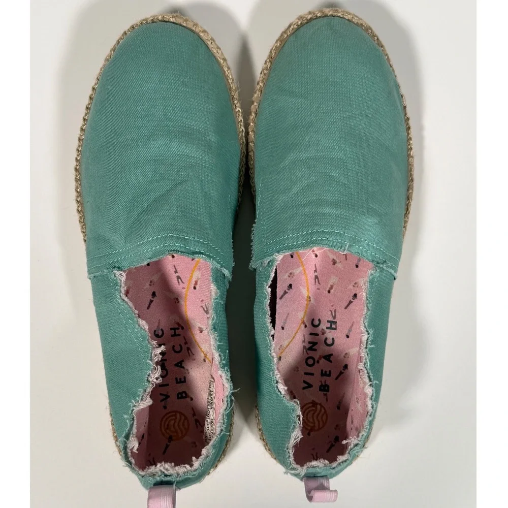Vionic Beach Laguna Teal Green Canvas Espadrille Slip On Flat Shoes Boho 9